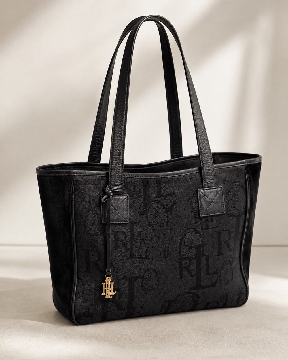 Lauren Ralph Lauren Black Monogram Jacquard Shoulder Tote Bag LRL Charm